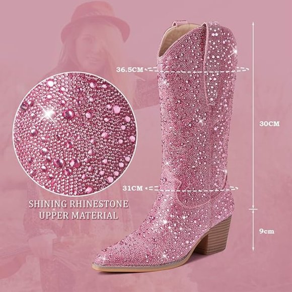 NWT Sparkling Bling Swarovski Crystal PINK Women Knee High Cowboy Boots … - Picture 8 of 9